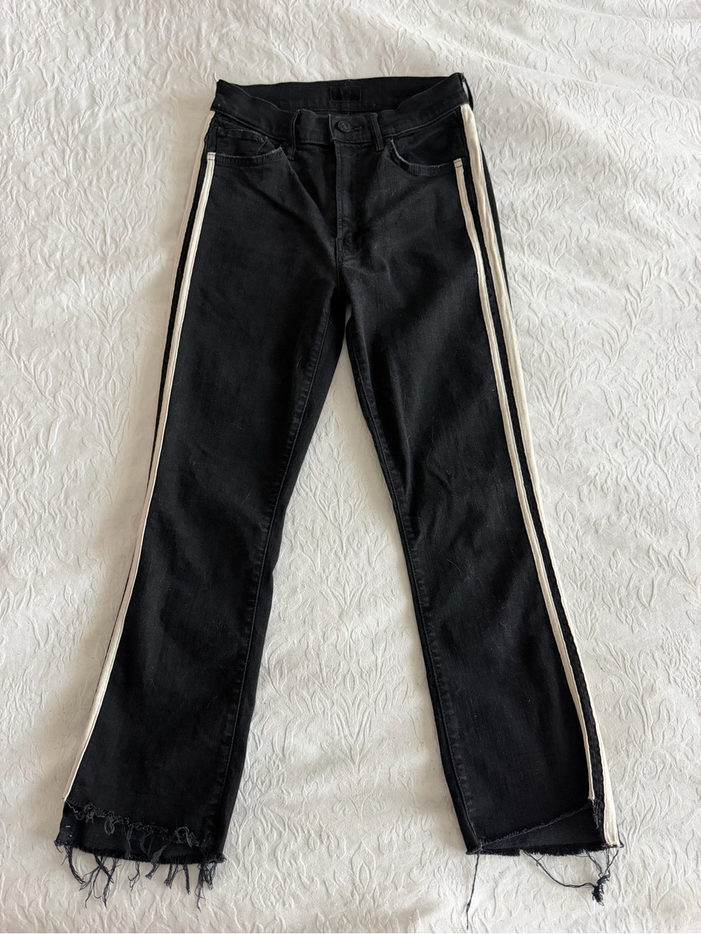 MOTHER Black Jeans with White Side Stripes and Raw Hem